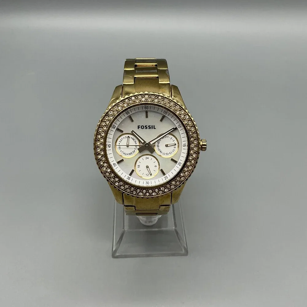 Fossil ES-2861 Womens Watch 38mm MOP Gold Tone Crystals Bracelet New Batt 6.75